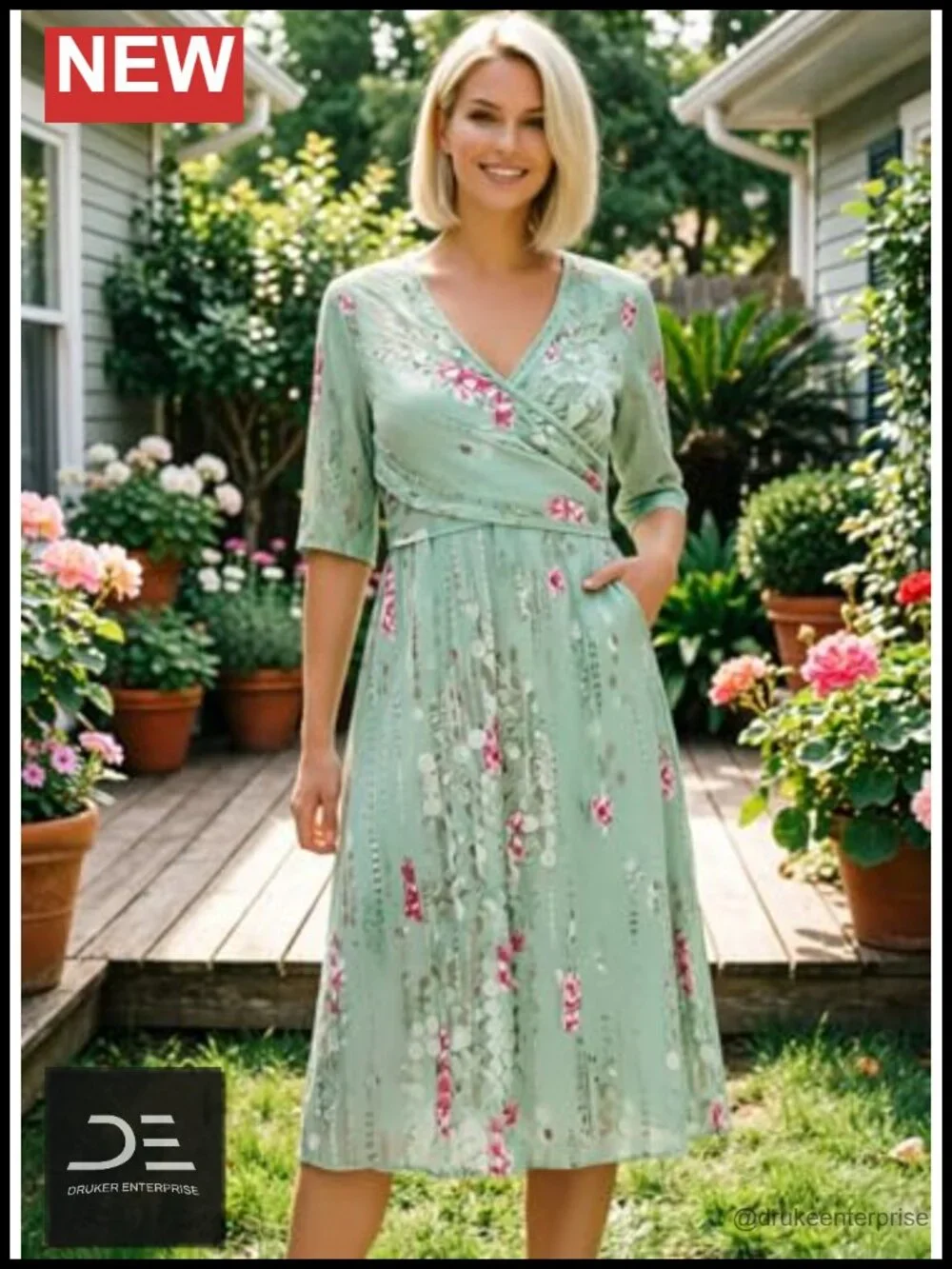 Women's 3/4 Sleeve Midi Dress with Pockets Flowy A-Line Boho V-Neck